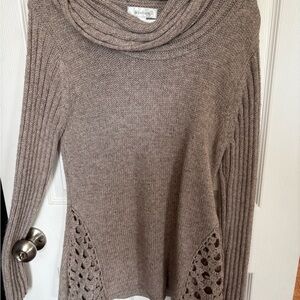 dressbarn Taupe Cowlneck Pullover with Openwork Panels